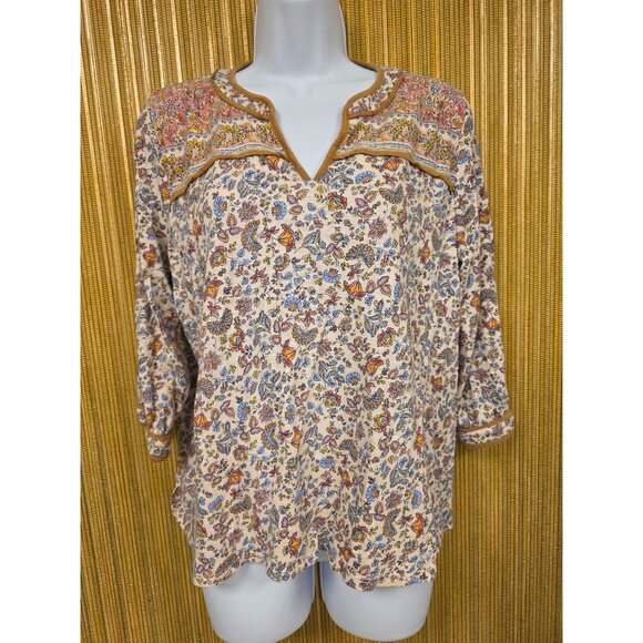 J. Jill Floral Print Boho Blouse Womens Size M Cotton Blend Henley Floral - Picture 1 of 7